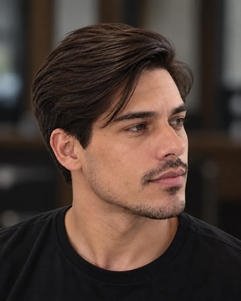 Imagem ilustrativa de cabelo masculino com fios lisos e alinhados no topo