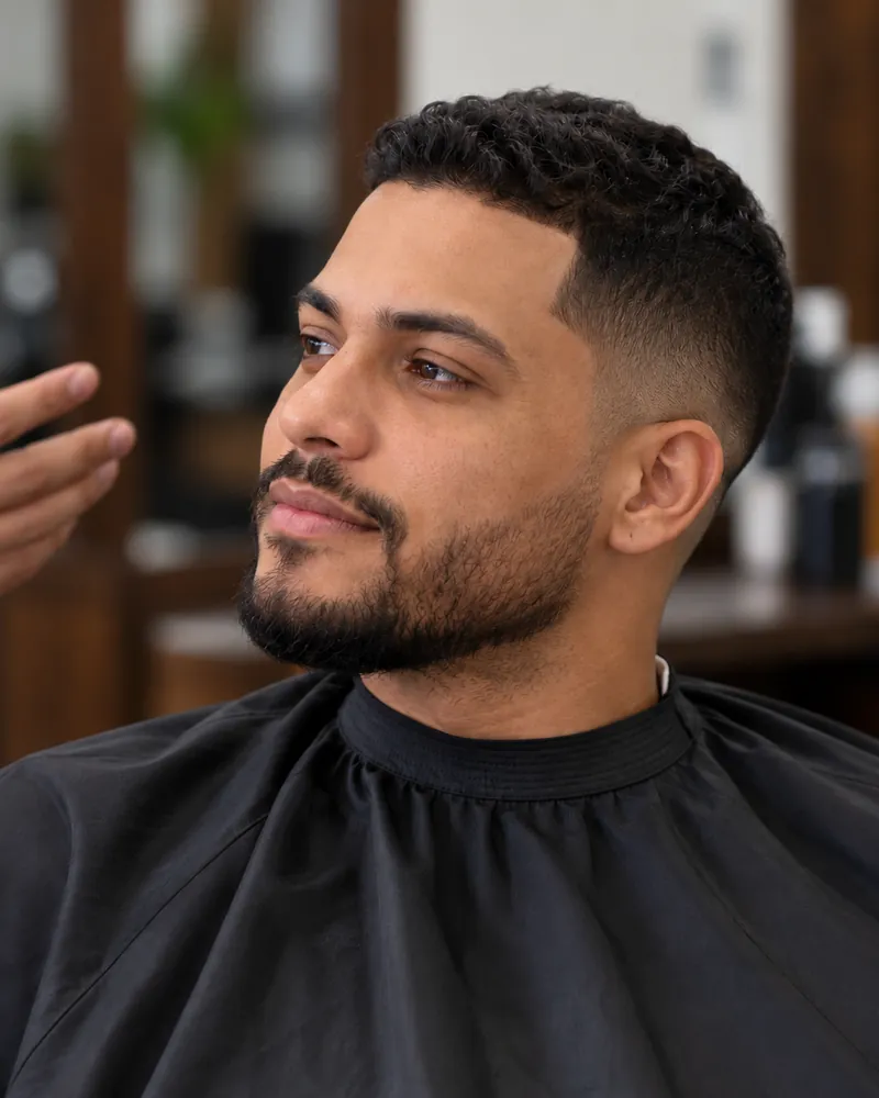 Imagem ilustrativa com foco no cliente, no corte e na barba, durante atendimento na barbearia