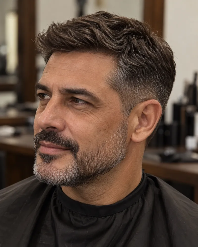 Imagem ilustrativa de cabelo castanho com fios brancos discretamente mesclados nas têmporas