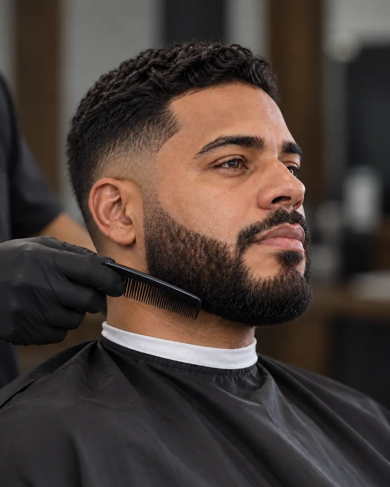Imagem ilustrativa de corte masculino curto e barba com contornos definidos