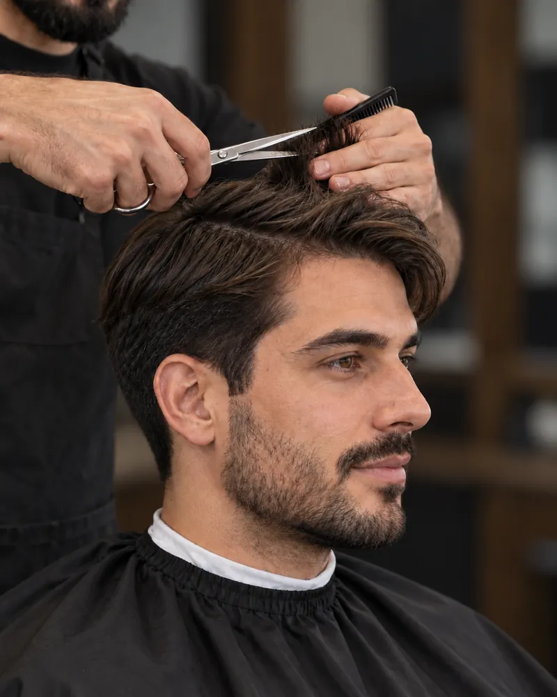 Imagem ilustrativa de barbeiro ajustando o comprimento do cabelo masculino com tesoura e pente