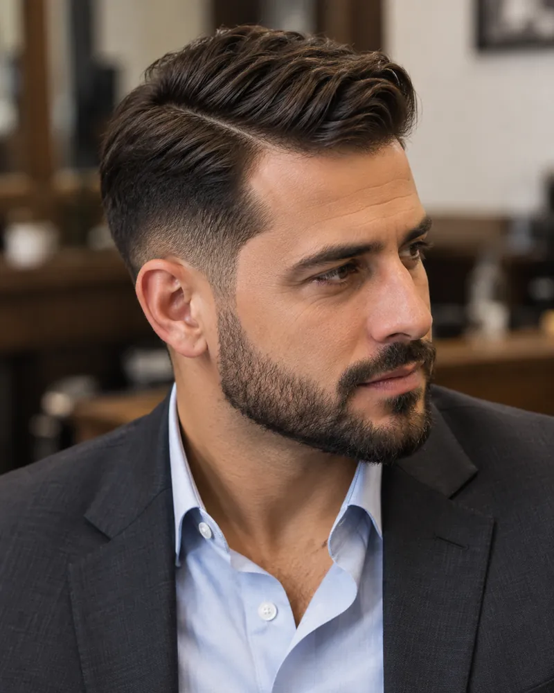Imagem ilustrativa de corte social e barba alinhada em um visual masculino para uma ocasião